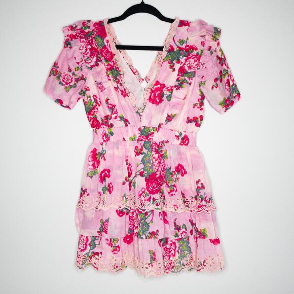 LoveShackFancy Aldina Mini Dress Pink Desert Floral Tiered Crochet SZ XS NWT - Picture 5 of 8